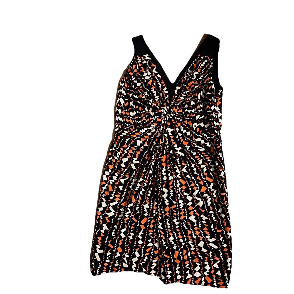 Adrianna Papell Silk Geometric V-Neck Sleeveless Dress Orange Black‎ White US 12